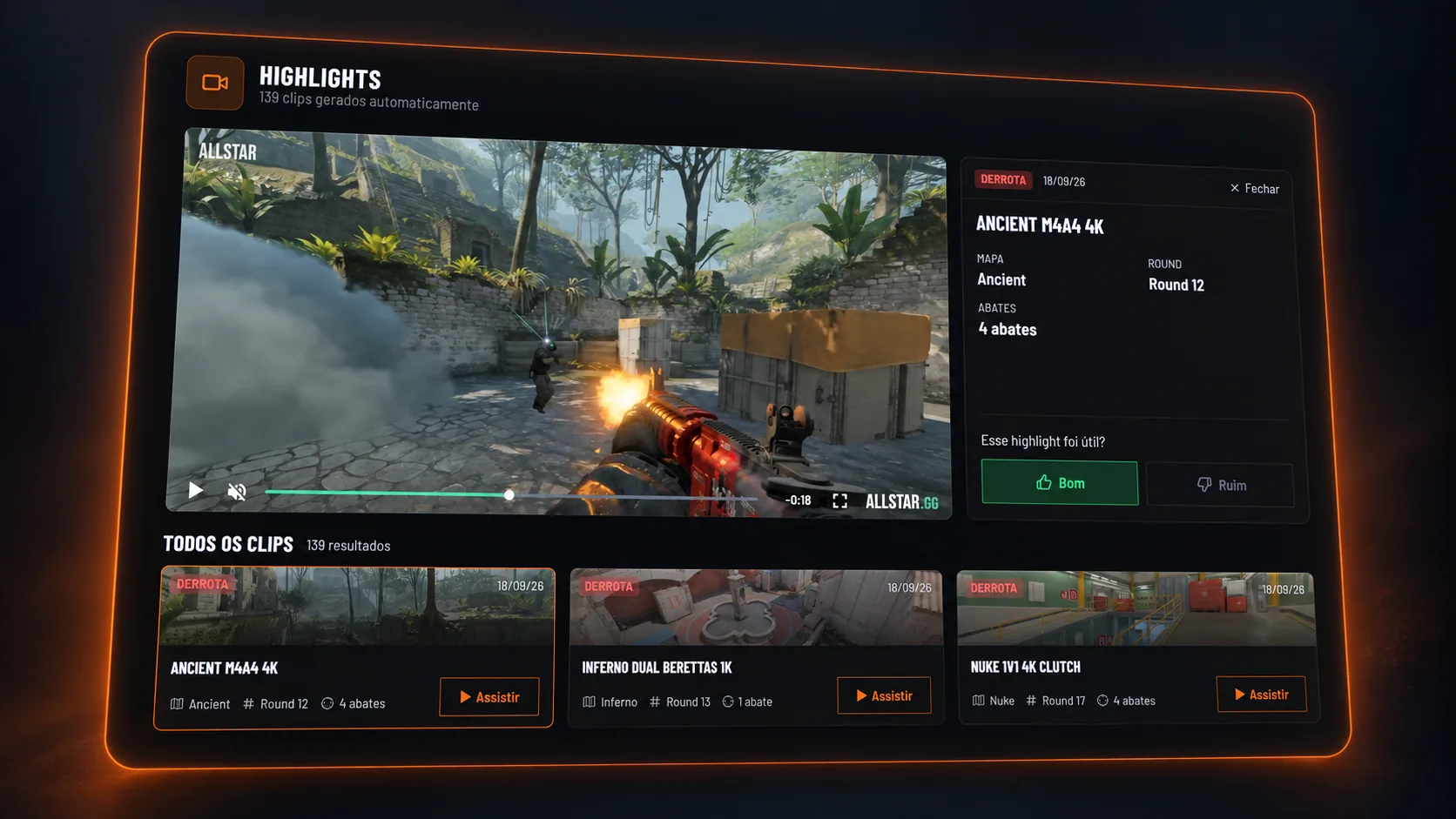 Galeria de highlights do CS Coach, com clips gerados automaticamente por partida