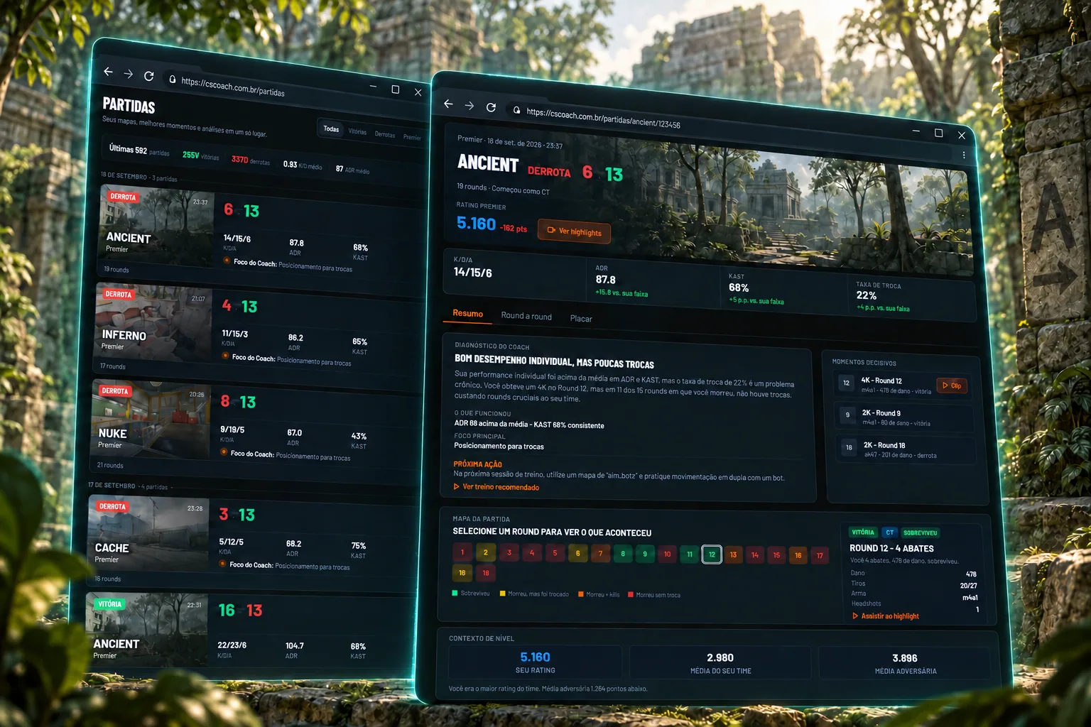 Tela de partidas e análise completa do CS Coach